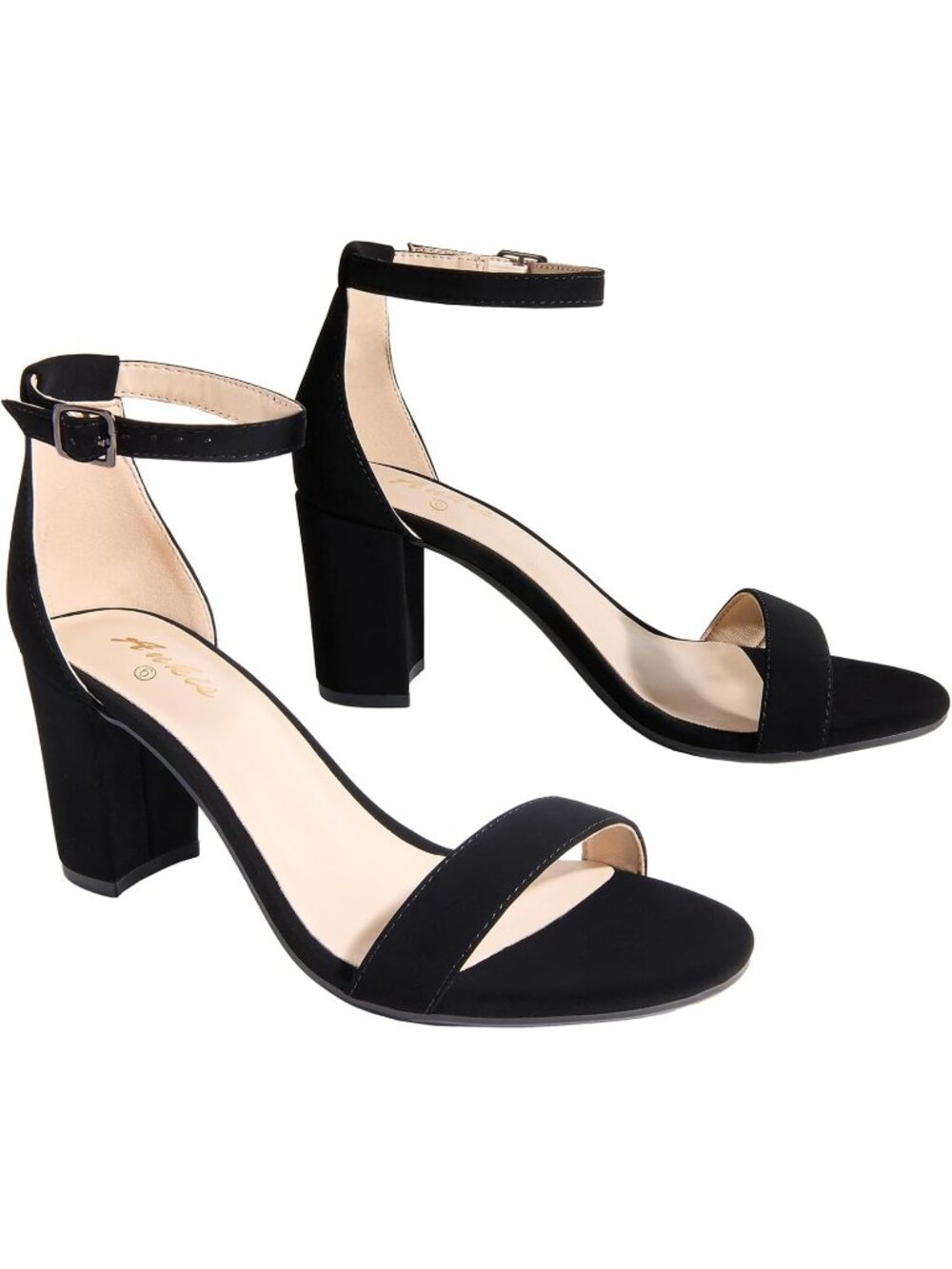 Women's Black Nubuck Rubber Ankis Open Toe Ankle Strap Chunky Heel Sandals